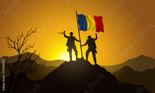 Chad flag, silhouette of two climbers holding a flag at sunset over the mountain