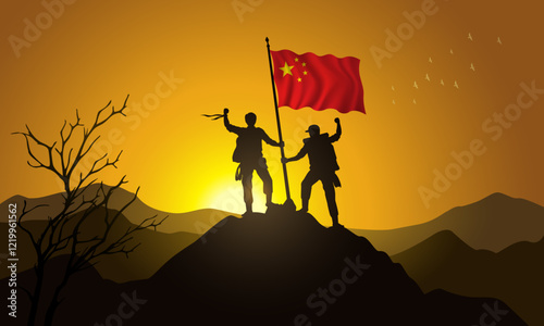 China flag, silhouette of two climbers holding a flag at sunset over the mountain