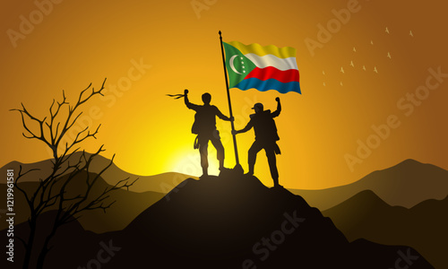Comoros flag, silhouette of two climbers holding a flag at sunset over the mountain