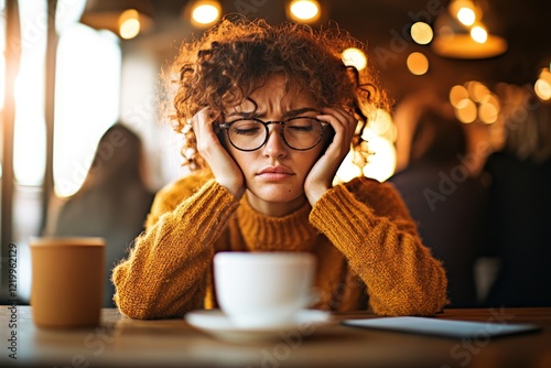 A person spilling coffee on their shirt in a crowded cafÃ©, looking around sheepishly as others glance their way photo