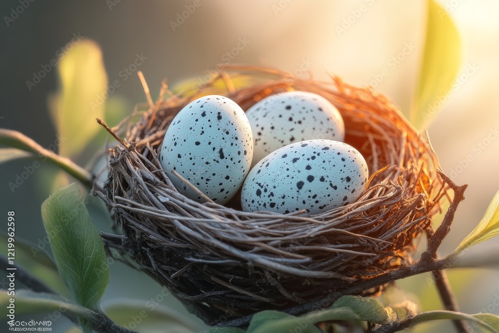 Serene Bird's Nest with Speckled Eggs in a Natural Habitat - Tranquil Wildlife Scene in the Forest Serene Bird's Nest with Speckled Eggs in a Natural Habitat - Tranquil Wildlife Scene in the Forest
