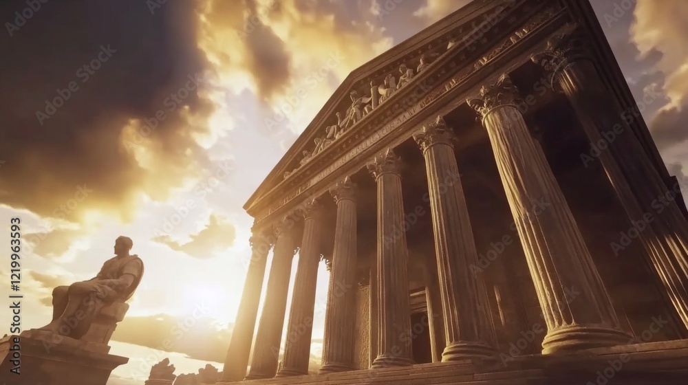 Obraz premium Supreme Court building exterior at sunset, symbolizing justice, law, and the enduring principles of democracy under the warm glow of twilight.