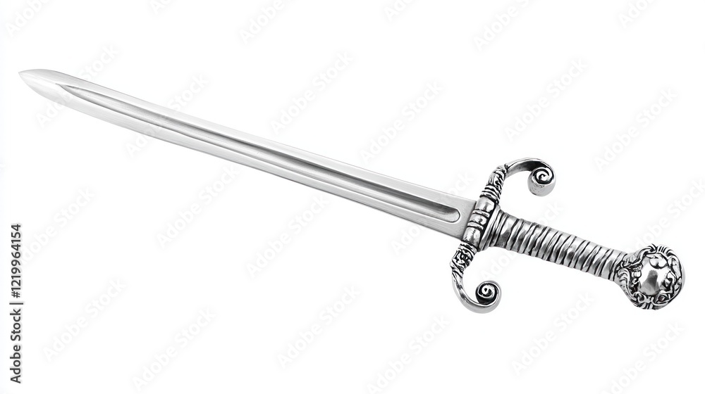 Ornate silver sword isolated, studio shot, white background, historical artifact Ornate silver sword isolated, studio shot, white background, historical artifact