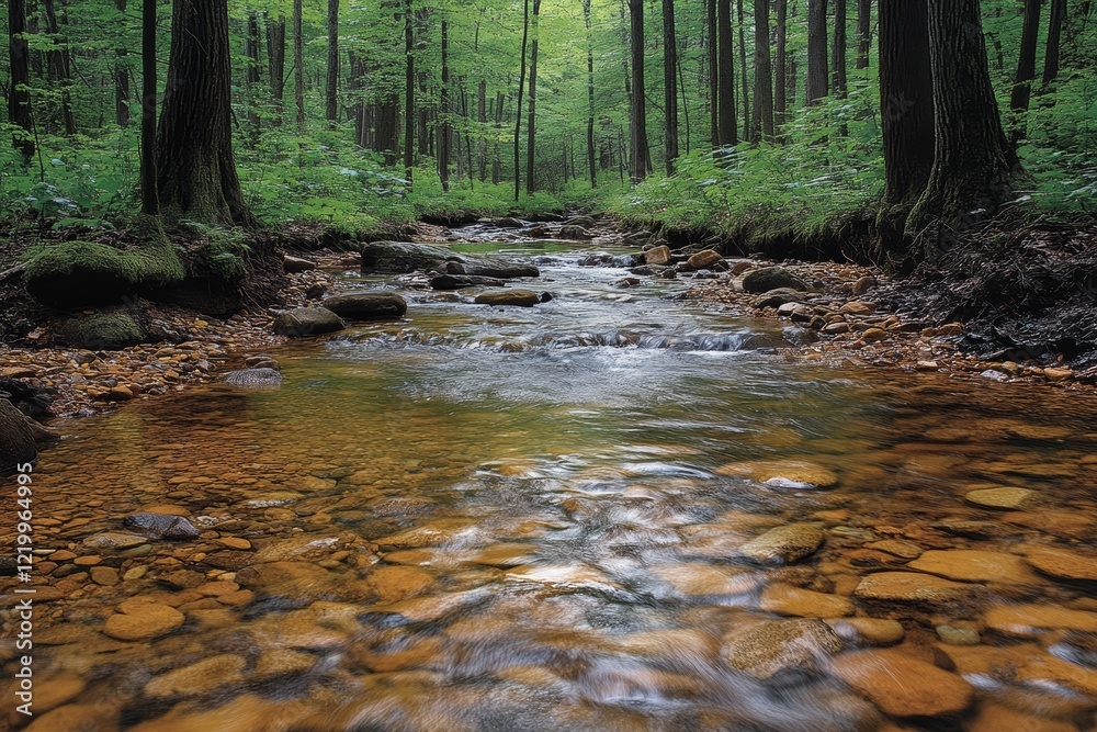 Obraz premium Serene Flowing Stream: A Picturesque Nature Scene of Clear Water Flowing Over Smooth Rocks in a Tranquil Outdoor Setting