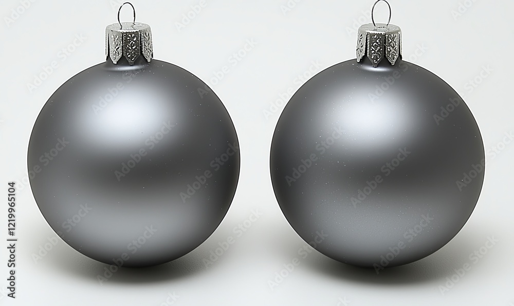 Two matte gray Christmas ornaments on a white background, perfect for holiday decor Two matte gray Christmas ornaments on a white background, perfect for holiday decor