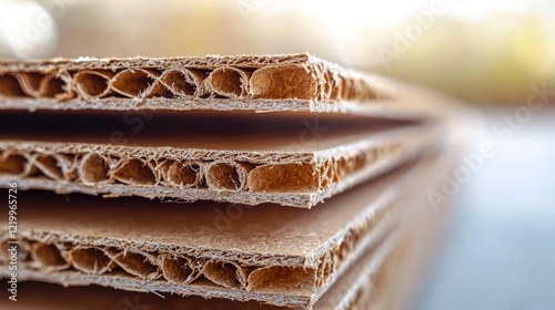 Closeup corrugated cardboard sheets stacked outdoors photo