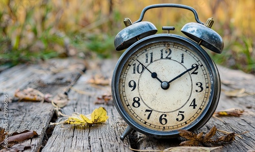 Vintage alarm clock on wooden planks with autumn leaves, ideal for time, season concepts photo