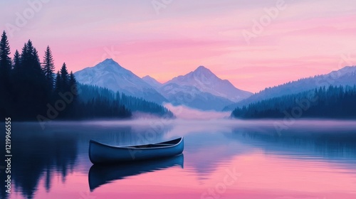 Tranquil Lake Surrounded By Majestic Mountains Under Soft Pink Sunrise Hues With Gentle Fog And Reflection photo