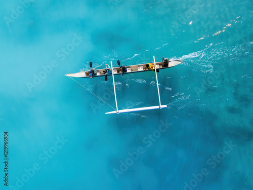 Drone Aerial View of a Canoe Gliding Through Waves in Hawaii's Transparent Blue Ocean