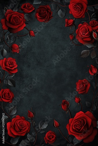 Dark red roses frame on grunge background.