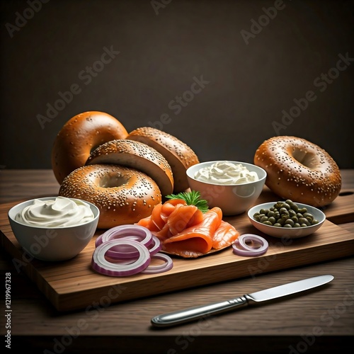 Breakfast Charcuterie Board with Smoked Salmon, Bagels, Cream Cheese, Capers, and Red Onions,  photo