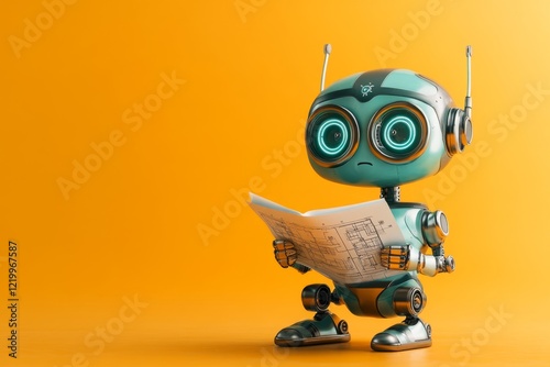 A vibrant 3D-rendered illustration of a robot holding a blueprint upside down, with cartoonishly confused eyes displayed on its digital screen face photo