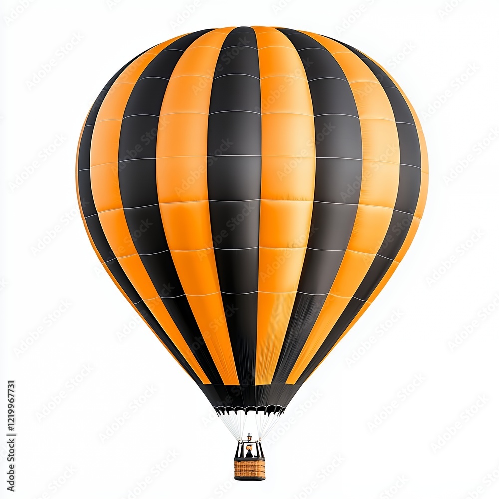 Obraz premium Vibrant hot air balloon with orange and black stripes soaring against a clear blue sky for thrilling adventure