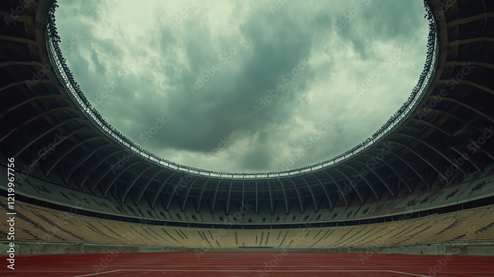 Fototapeta premium Empty football stadium under dramatic sky, showcasing solitude and anticipation in sports, symbolizing moments of pause before the roar of the crowd returns.