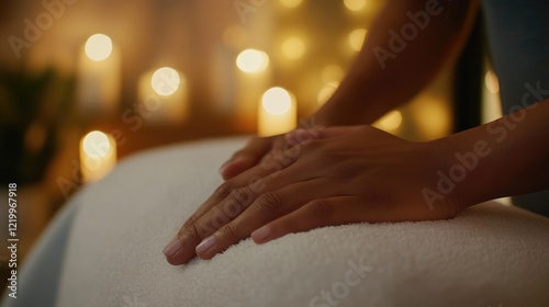 Wallpaper Mural Relaxing spa massage, hands on towel, candlelight background, wellness Torontodigital.ca