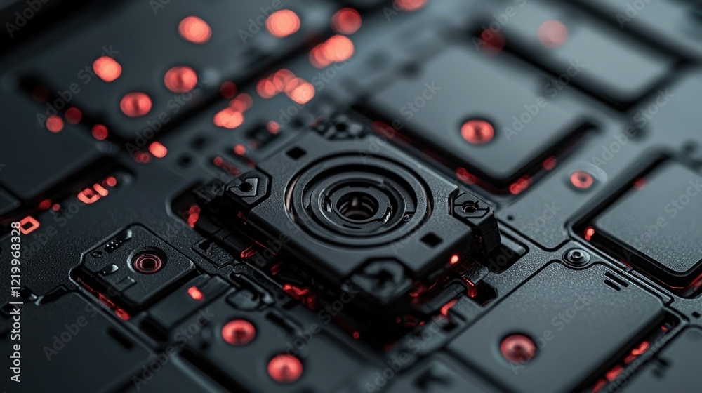 Close-up Smartphone Camera Sensor, Circuit Board, Red Lights, Tech Background, Advertising Close-up Smartphone Camera Sensor, Circuit Board, Red Lights, Tech Background, Advertising