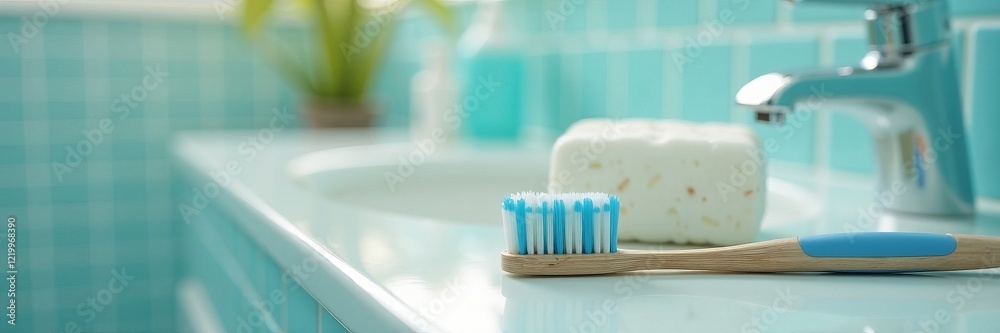 A fresh and modern bathroom setting with toothbrush and soap on the countertop. A fresh and modern bathroom setting with toothbrush and soap on the countertop.