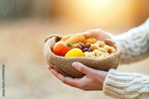 A volunteer handing a warm meal to a homeless person, their smiles reflecting mutual thankfulness and compassion