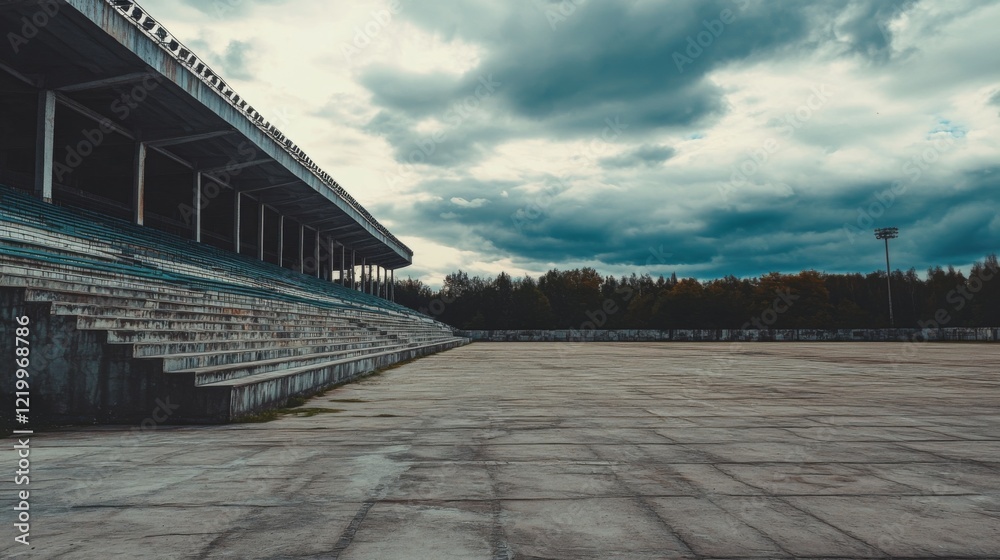 Empty football stadium under dramatic sky, showcasing solitude and anticipation in sports, symbolizing moments of pause before the roar of the crowd returns.