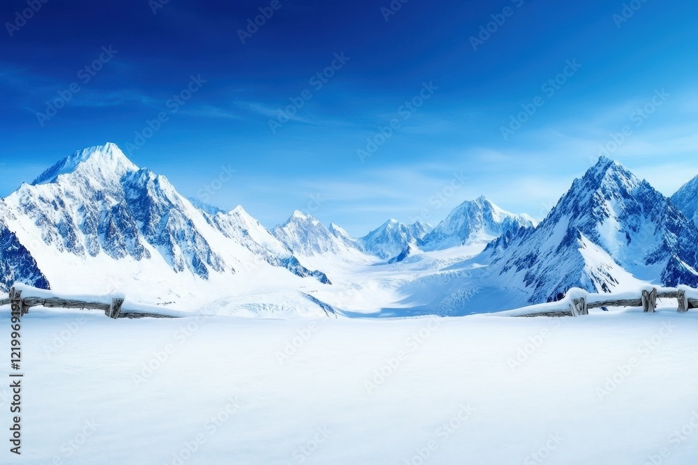 Obraz premium Snowy mountain range with peaks and valleys under a clear blue sky in winter season