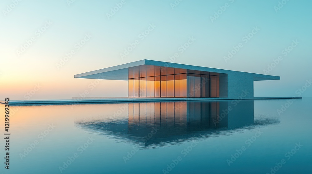 Fototapeta premium Modern Minimalist Pavilion Reflecting on Calm Waters at Sunset