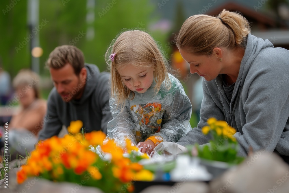 A young girl spilling ice cream on her dress during a family outing, looking embarrassed as her parents help clean up A young girl spilling ice cream on her dress during a family outing, looking embarrassed as her parents help clean up