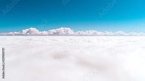 Airplane view cloudscape, white clouds, blue sky, horizon, travel