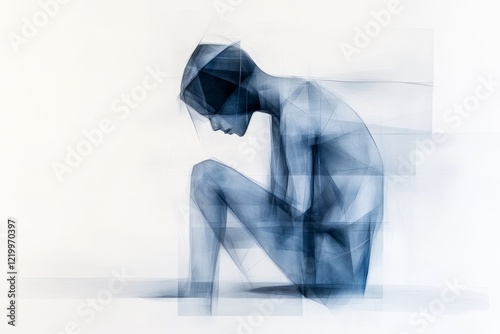 An abstract illustration of a figure crouching, their outline fragmented to represent the heaviness of shame, drawn in muted grays and blues