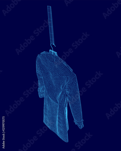 Blue image of a man's jacket hanging from a hook. The jacket is hanging upside down and he is in a state of disarray. The image has a somewhat eerie and unsettling mood