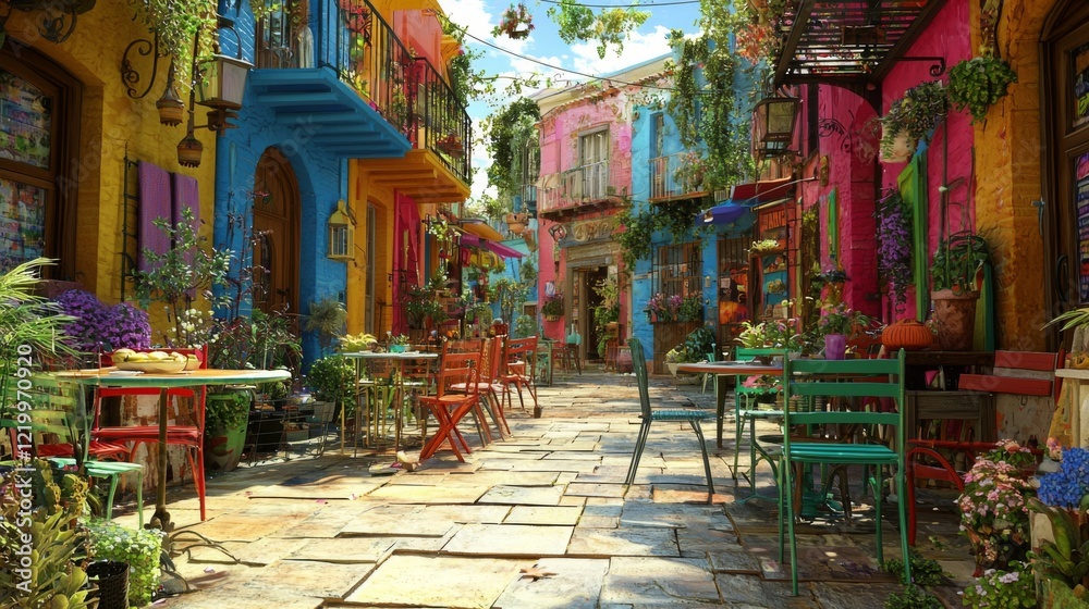 Fototapeta premium Vibrant Colorful Street with Bright Buildings and Outdoor Café Seating in a Lively Urban Area