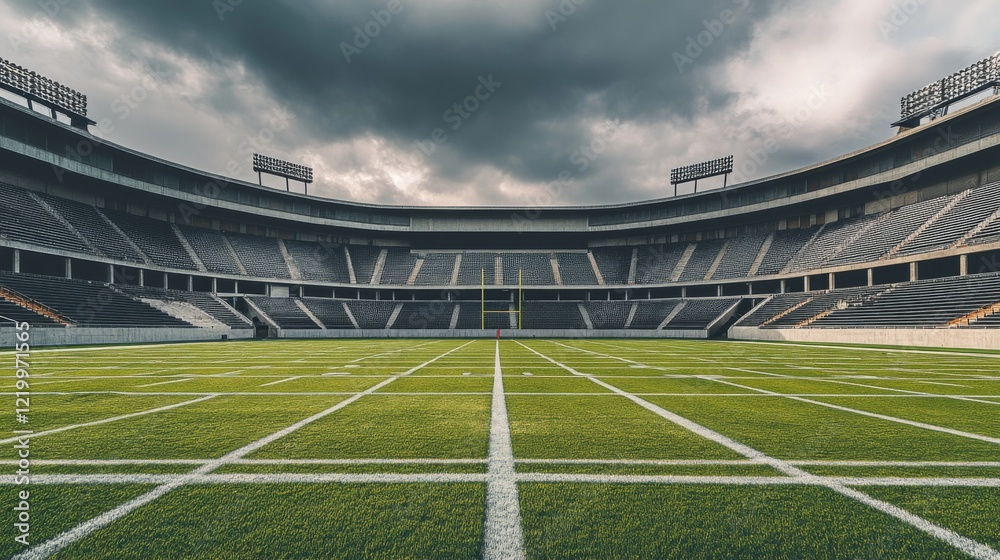 Obraz premium Empty football stadium under dramatic sky, showcasing solitude and anticipation in sports, symbolizing moments of pause before the roar of the crowd returns.