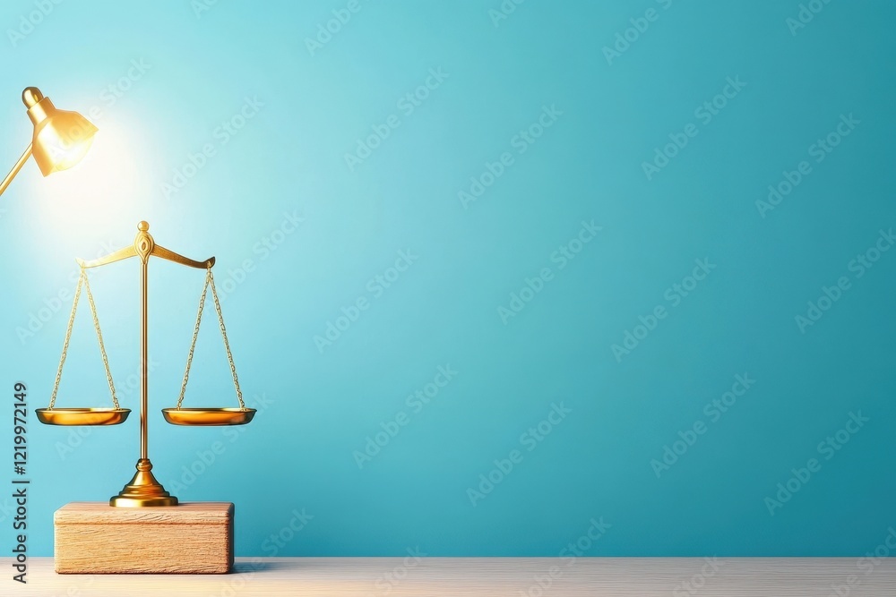 Golden balance scale with illumination on top placed on a wooden surface in a dimly lit environment Golden balance scale with illumination on top placed on a wooden surface in a dimly lit environment