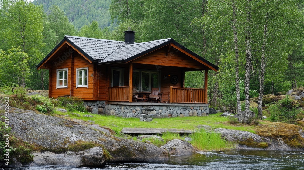 Secluded cabin by river, lush forest backdrop; tranquil getaway Secluded cabin by river, lush forest backdrop; tranquil getaway