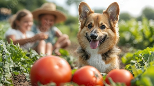 Happy dog in tomato garden, kids harvesting