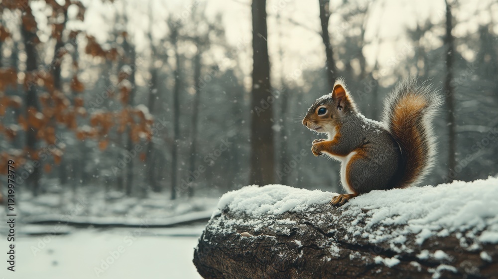 Fototapeta premium A squirrel is sitting on a log in the snow