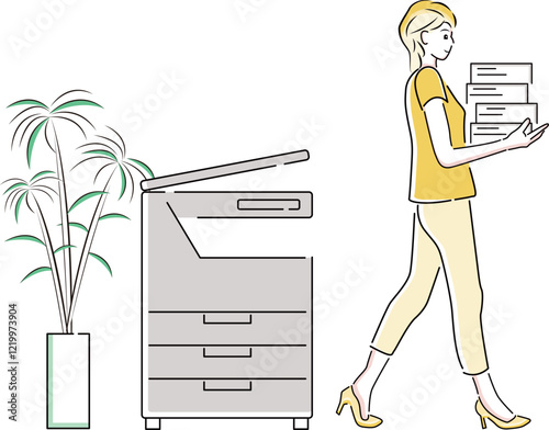 コピー機で書類を複写した後に歩いてデスクに向かうビジネスウーマン