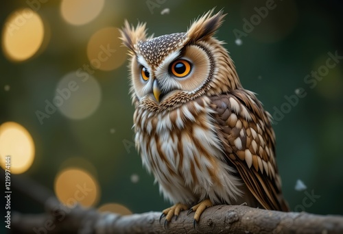 A brown and white owl with striking orange eyes sits on a tree branch against a blurred background of warm lights. photo