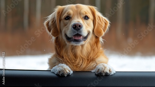 Happy Golden Retriever in snowy car, winter woods