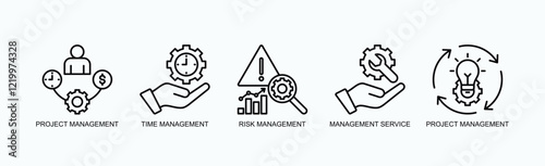 Mastering Management Icon Set Isolated Vector With Icon Of Project Management, Time Management, Risk Management, Management Service, Project Management In Outline Style