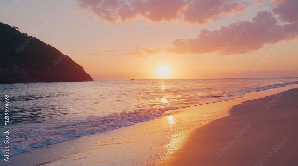 A beautiful sunset over the ocean with a beach in the background A beautiful sunset over the ocean with a beach in the background