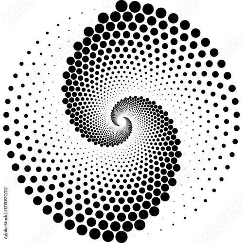 Black and White Circular Spiral Pattern with Halftone Dots