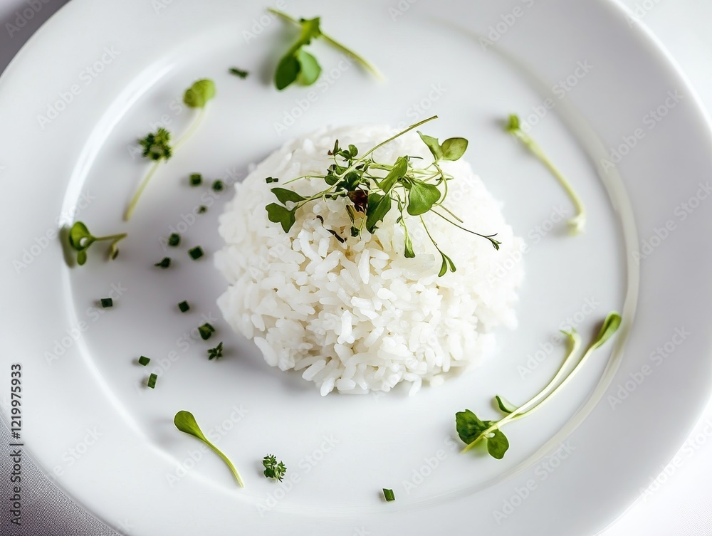 Steamed rice served on a white plate with garnish. Featuring a minimalist presentation. Emphasizing simplicity and elegance in dining. Ideal for culinary magazines and gourmet food blogs.