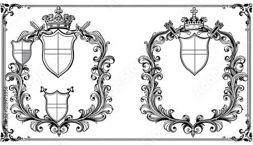 Ornate Heraldic Shields Crowns And Swords Design