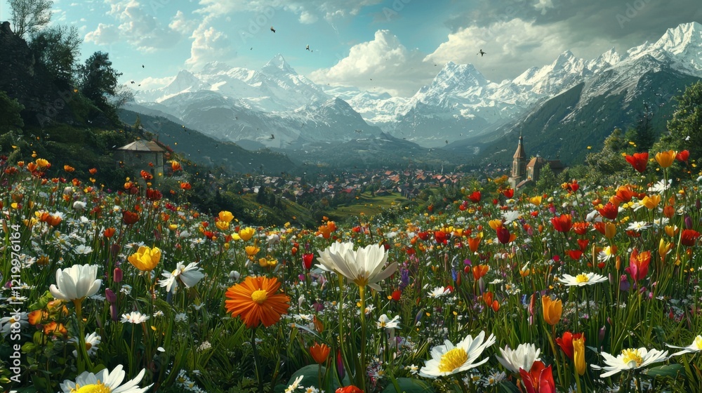 Fototapeta premium Lush Spring Landscape with Colorful Wildflowers Against Majestic Snow-Capped Mountains and Clear Blue Sky