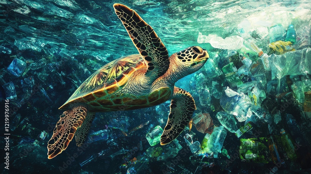 Fototapeta premium Ocean's Cry with Sea Turtle's Plea Amidst Plastic Pollution