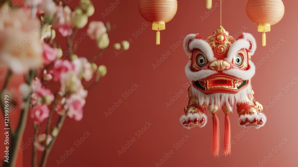 Obraz premium A red and white dragon is hanging from a red background