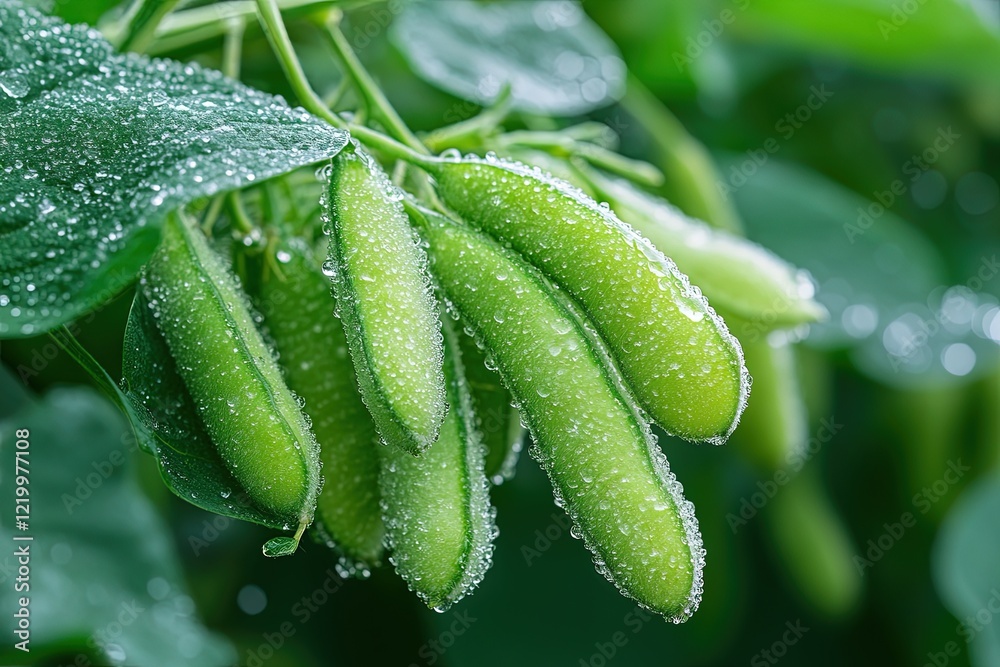 Dewy green soybeans growing on a farm plant Dewy green soybeans growing on a farm plant