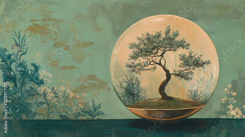 A tiny tree inside a glass globe symbolizing nature, growth, and sustainability in a serene green environment. Enchanted Oasis. Illustration