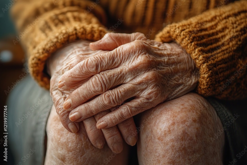 Fototapeta premium Elderly person experiencing knee pain sitting at home holding swollen joint with aging hands and arthritis symptoms