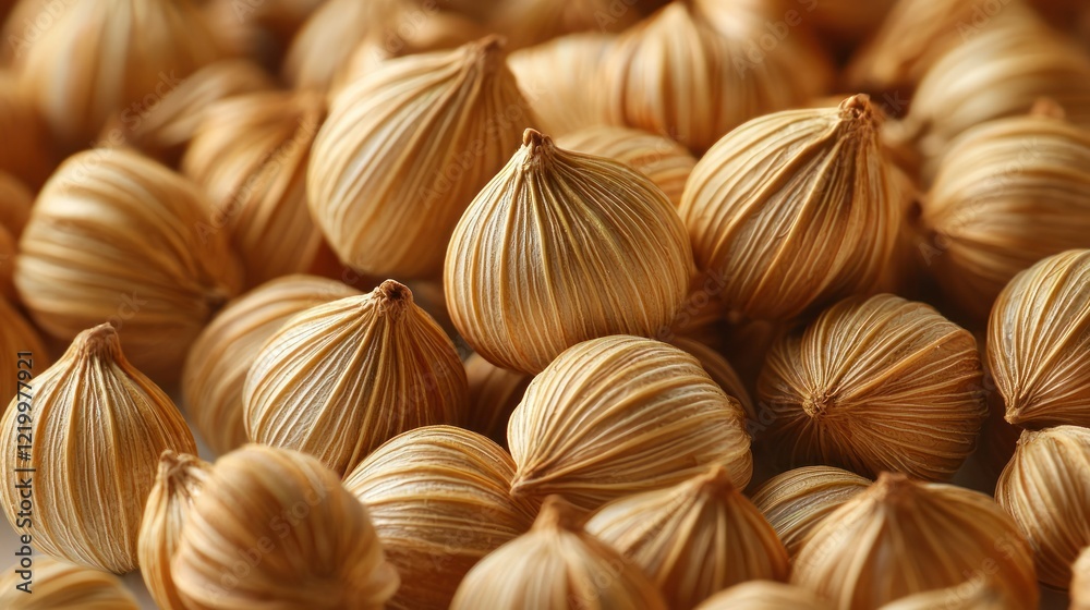 Fototapeta premium Dried palm fruits close-up, textured background, craft supply